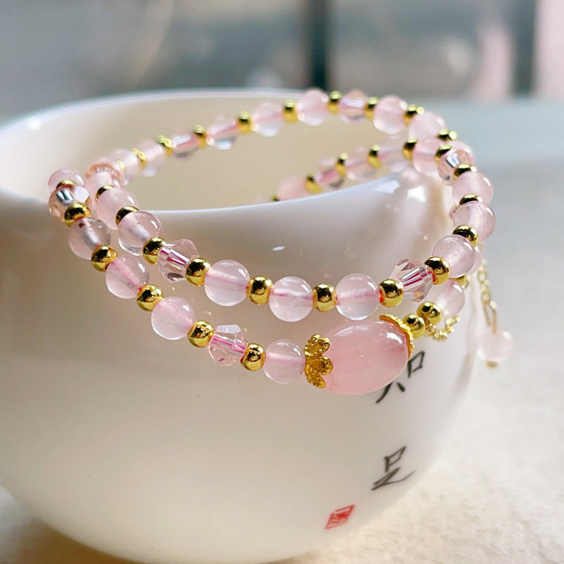 G02 Natural Rose Quartz Double Bracelet 5mm/14k medal