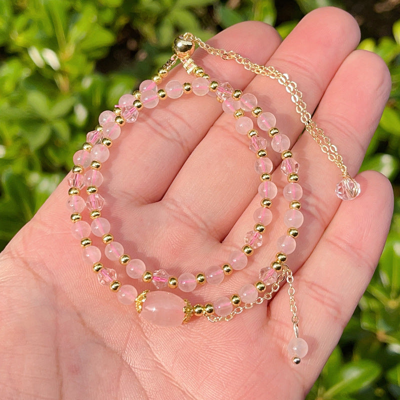 G02 Natural Rose Quartz Double Bracelet 5mm/14k medal