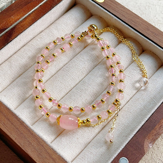 G02 Natural Rose Quartz Double Bracelet 5mm/14k medal