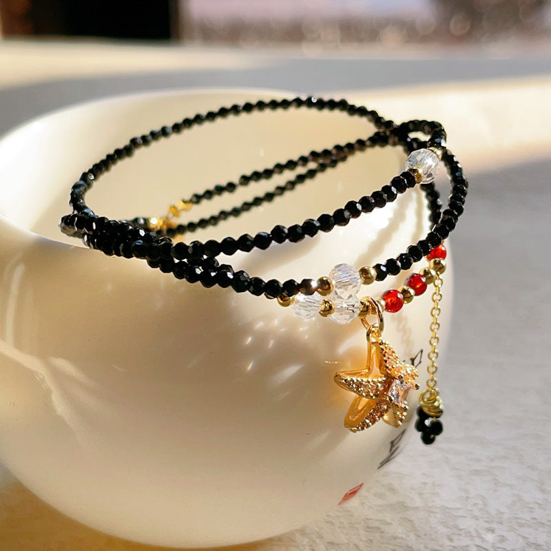 G03 Natural Faceted Black Spinel Triple Bracelet 2mm/14k medal
