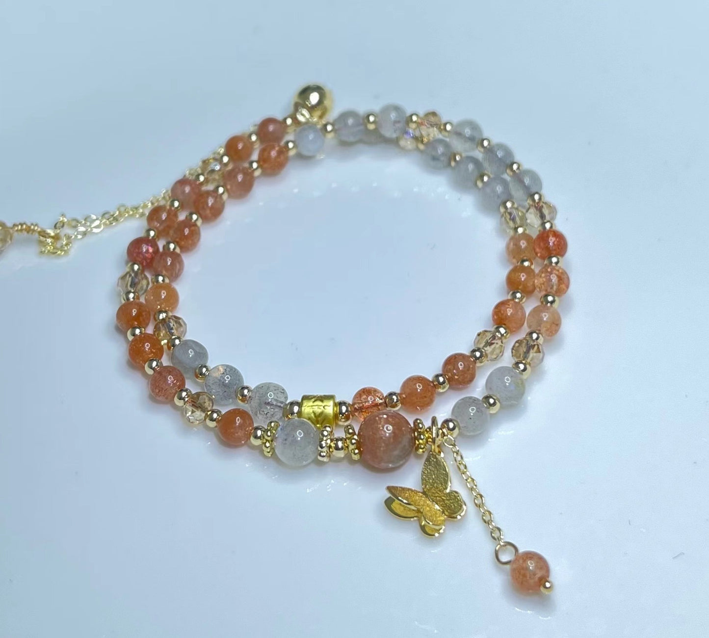 G16 Natural Strawberry Stone & Moonstone Double Bracelet 4-5mm/14k medal