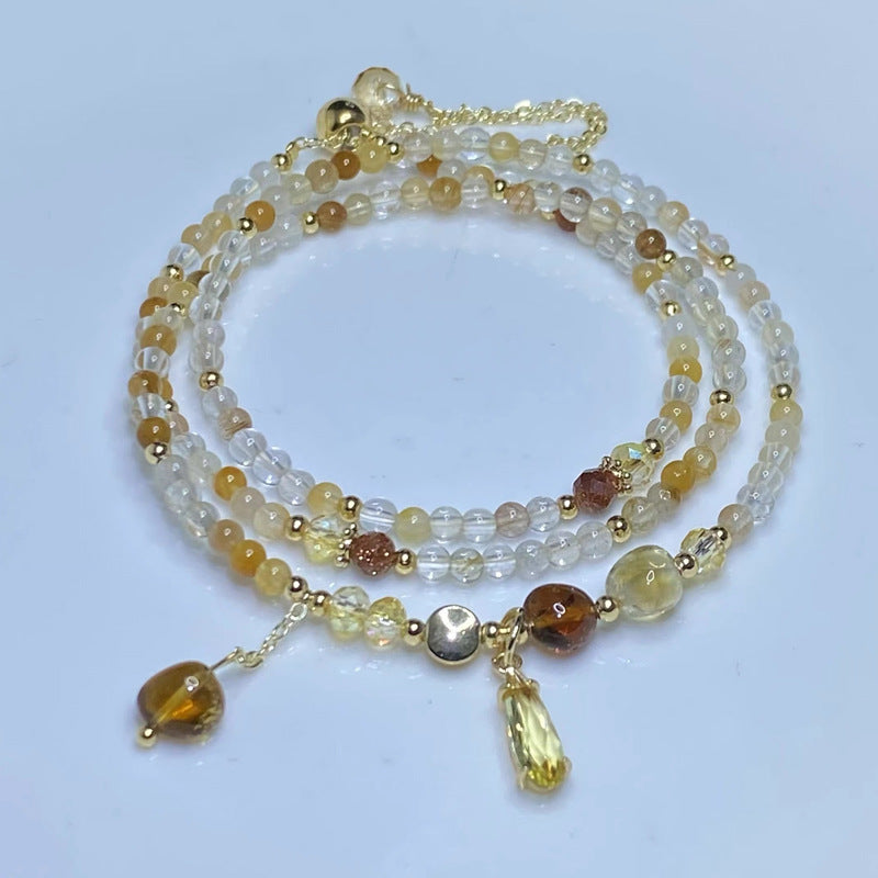 G17 Natural Yellow Rutilated Quratz(Rabbit Fur) Stone Triple Bracelet 2-3mm/14k medal