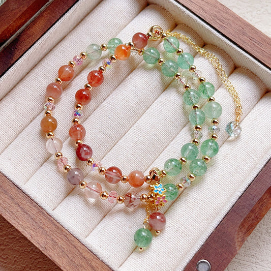G19 Natural Green Strawberry Stone & Tangerune Quartz Double Bracelet 6mm/14k medal