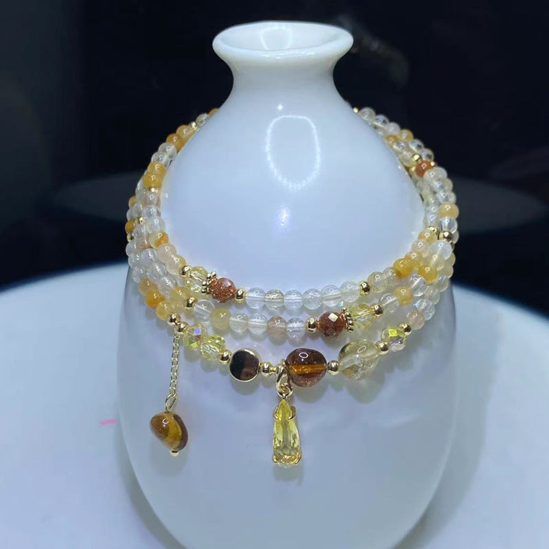 G17 Natural Yellow Rutilated Quratz(Rabbit Fur) Stone Triple Bracelet 2-3mm/14k medal
