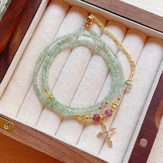 G22 Natural Faceted Green Strawberry Stone Triple Bracelet 2mm/14k medal