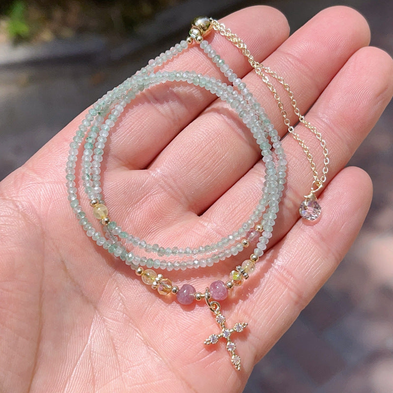 G22 Natural Faceted Green Strawberry Stone Triple Bracelet 2mm/14k medal