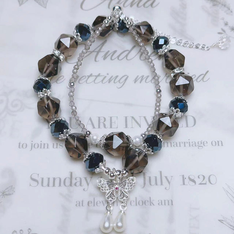 G21 Natural Faceted Smoky Quartz Double Butterfly Bracelet 8-9mm/14k medal
