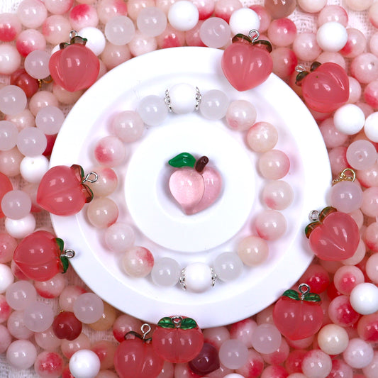 【N】~Peach Banquet~ Natural Ore Bead(10') & High Quality Glass Bead(10’) & White Shell Bead(10') & Salt Source Agate Pendant & Metal ~桃の宴~天然石ビーズ(10mm)と高品質ガラスビーズ(10mm)と白い贝ビーズ(10mm)と塩源瑪瑙ペンダントとアクセサリー