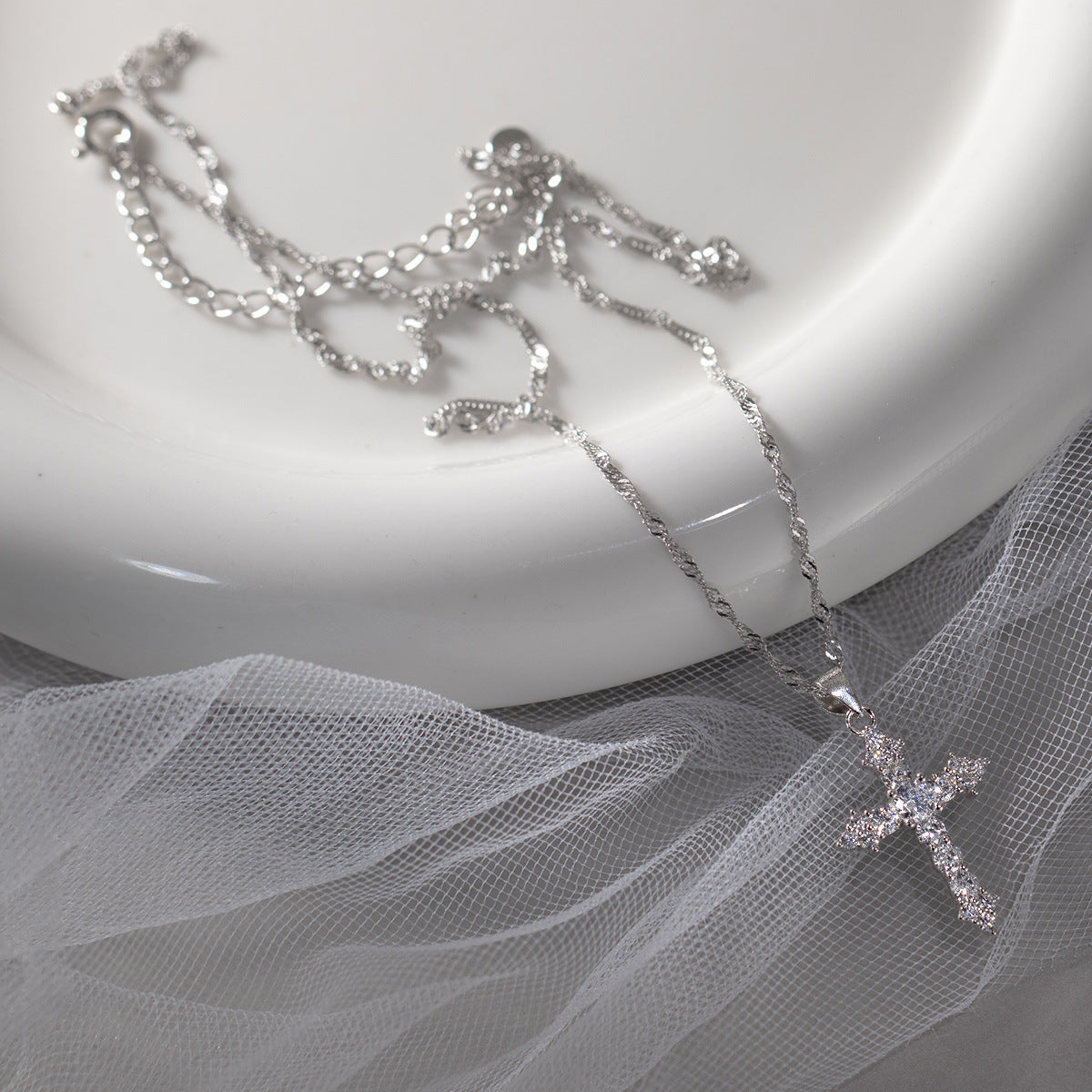 S925 Sterling Silver Necklace Cross Silver-Plated with Zircon