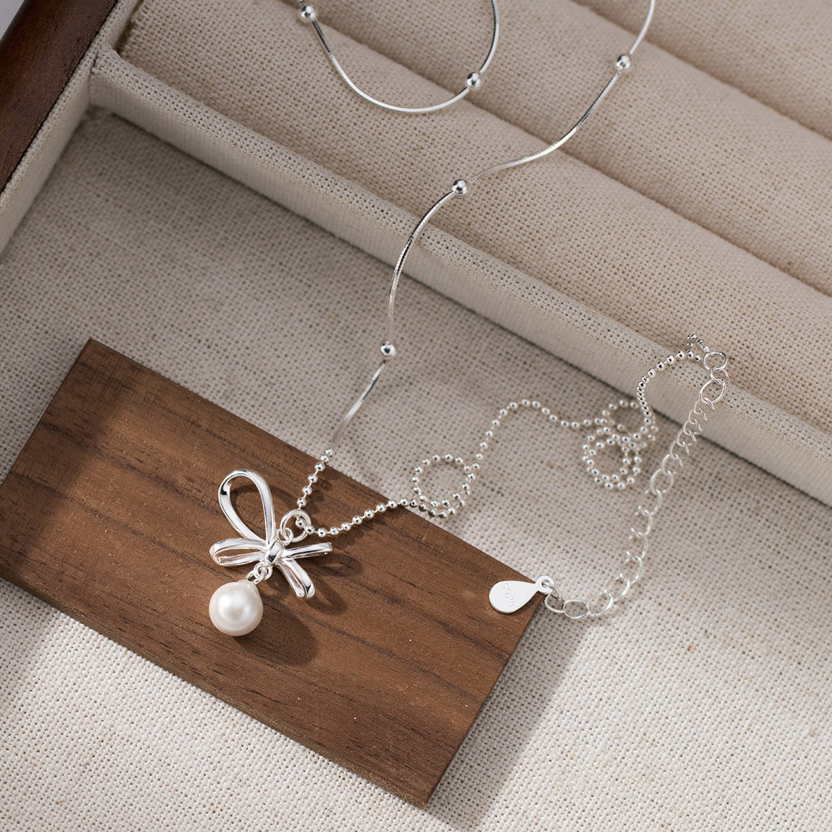S925 Sterling Silver Necklace Bow with Pearl