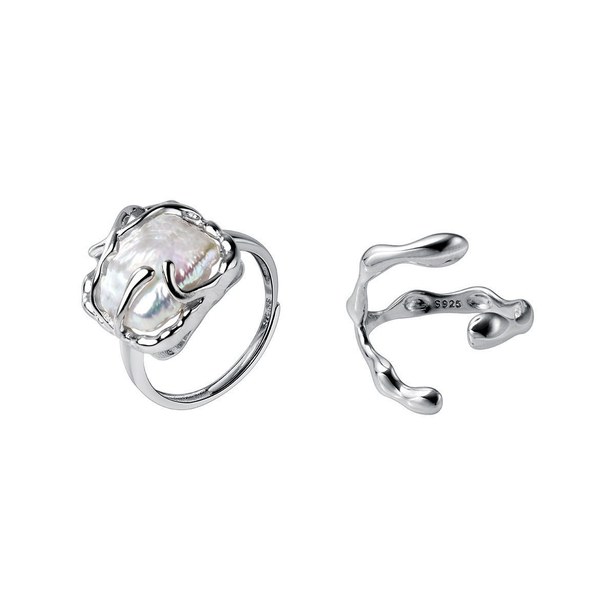 S925 Sterling Silver Baroque Fresh Water Pearl Ring/Letter C Ring Adjustable