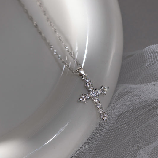S925 Sterling Silver Necklace Cross Silver-Plated with Zircon
