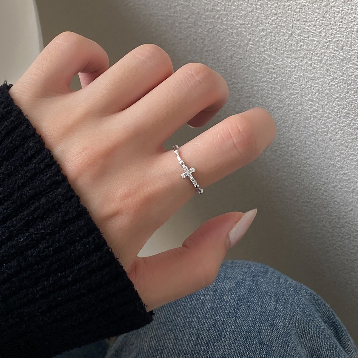 S925 Sterling Silver Ring Adjustable Cross