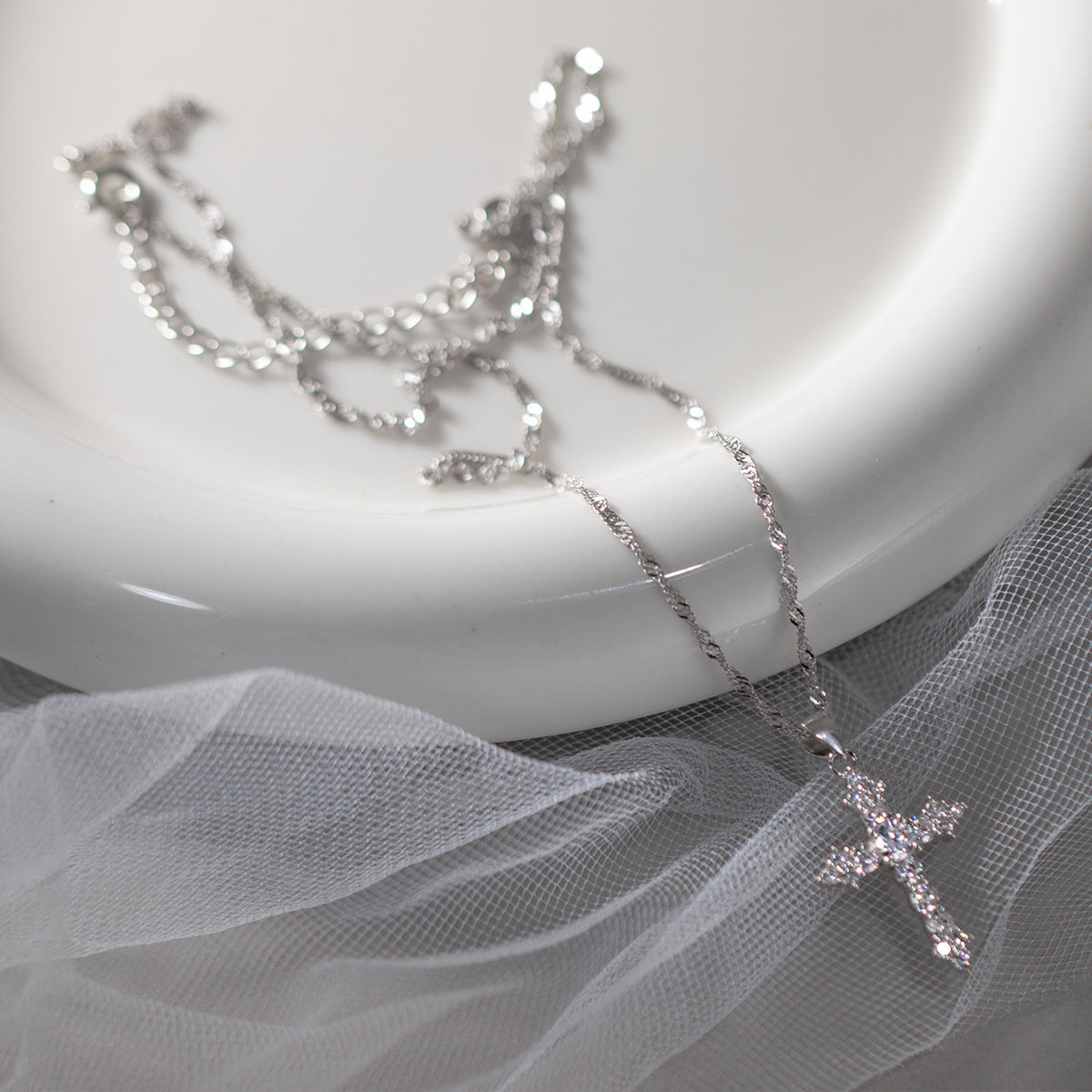 S925 Sterling Silver Necklace Cross Silver-Plated with Zircon