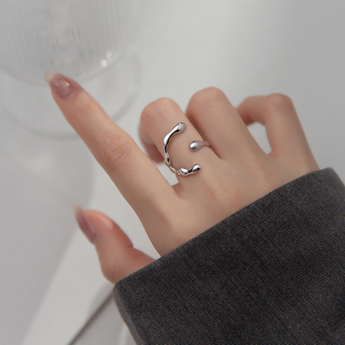 S925 Sterling Silver Baroque Fresh Water Pearl Ring/Letter C Ring Adjustable