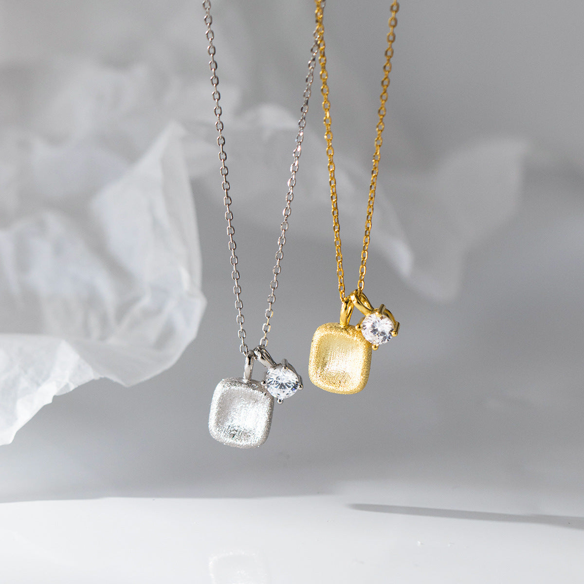 S925 Sterling Silver Necklace Square with Zircon Silver-Plated or Gold-Plated