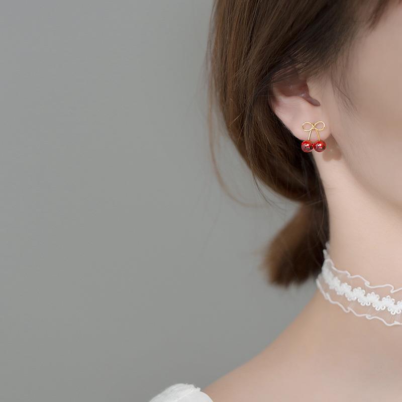S925 Sterling Silver Earrings Cherry Gold-Plated
