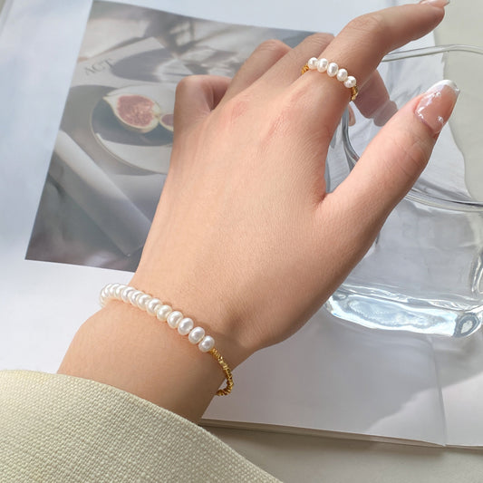 S925 Sterling Silver Ring/Bracelet Little Pearls Gold-Plated