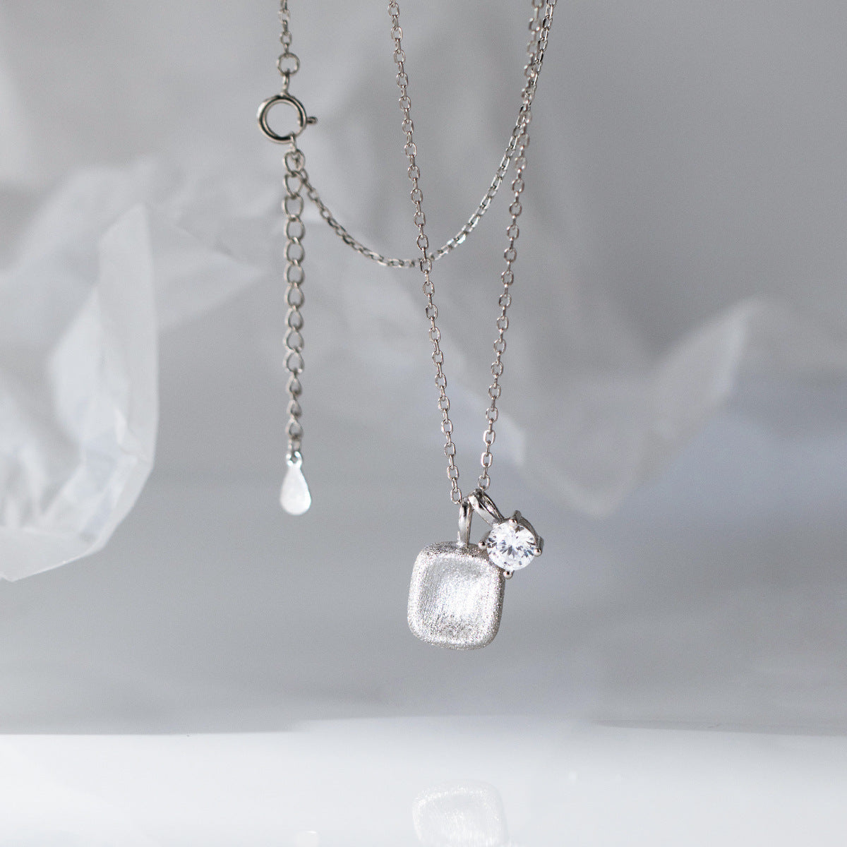 S925 Sterling Silver Necklace Square with Zircon Silver-Plated or Gold-Plated