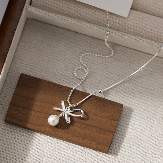 S925 Sterling Silver Necklace Bow with Pearl