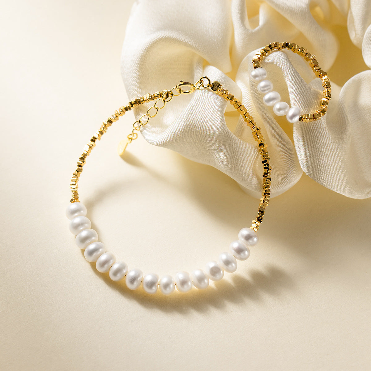 S925 Sterling Silver Ring/Bracelet Little Pearls Gold-Plated