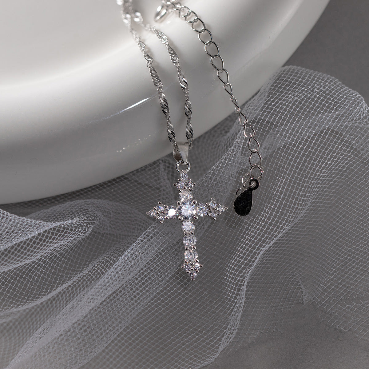S925 Sterling Silver Necklace Cross Silver-Plated with Zircon